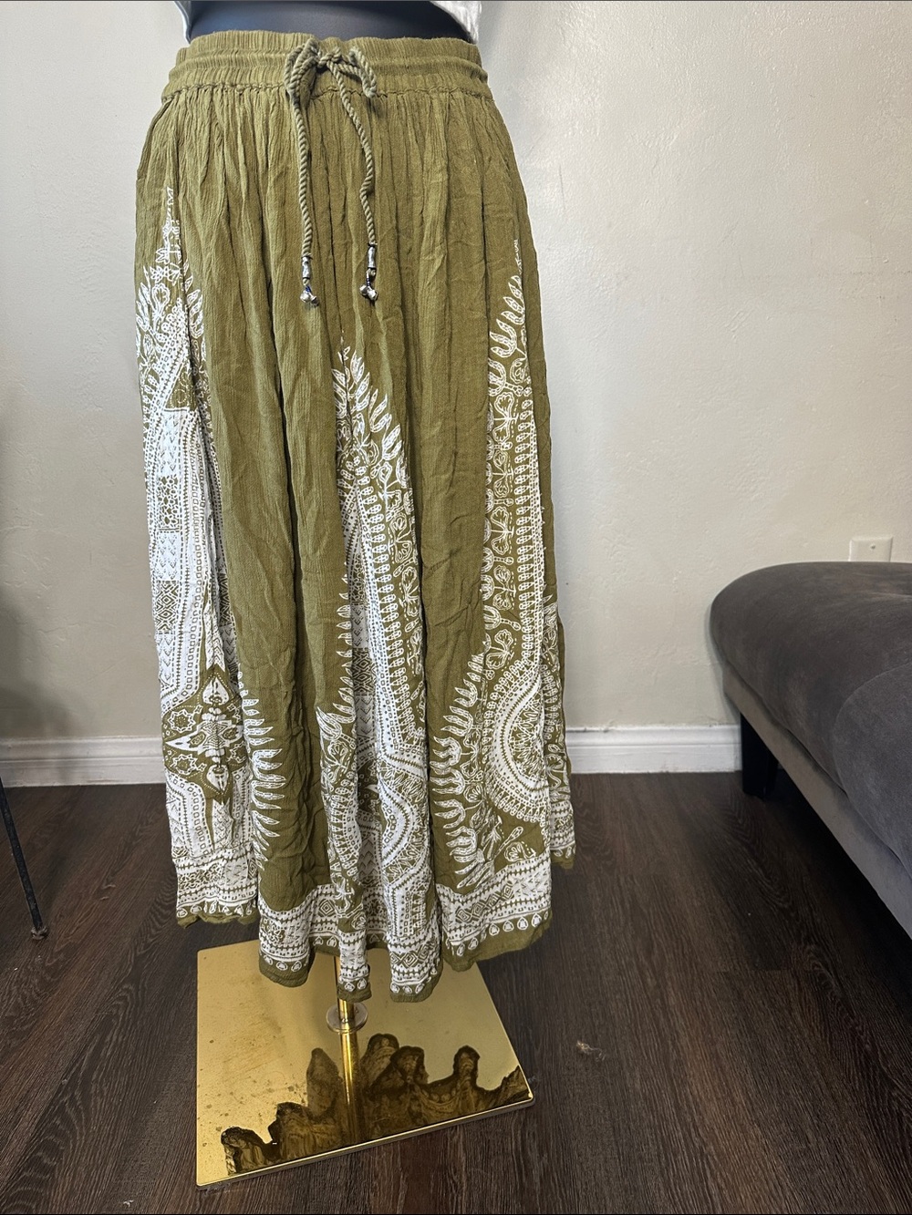 Philosophy Boho style ,Olive Green Maxi Skirt with White Paisley Print